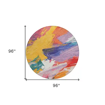 8' Gold Purple And Teal Blue Round Abstract Washable Indoor Outdoor Area Rug