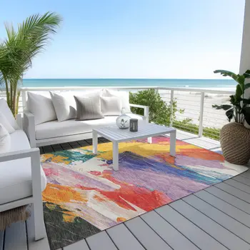 9' X 12' Gold Purple And Teal Blue Abstract Washable Indoor Outdoor Area Rug