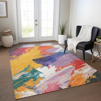 9' X 12' Gold Purple And Teal Blue Abstract Washable Indoor Outdoor Area Rug