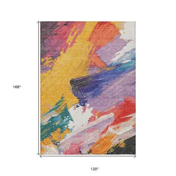 10' X 14' Gold Purple And Teal Blue Abstract Washable Indoor Outdoor Area Rug
