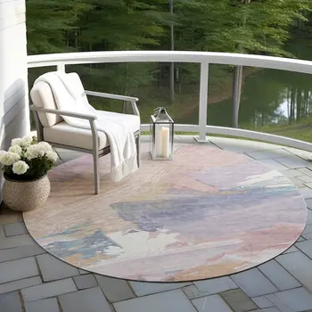 8' Pink Mauve And Lavender Round Abstract Washable Indoor Outdoor Area Rug