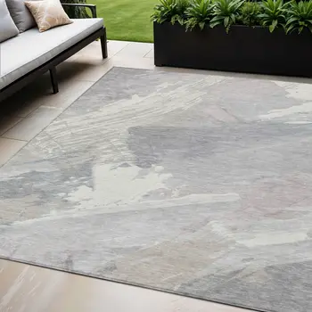 5' X 8' Ivory And Gray Abstract Washable Indoor Outdoor Area Rug