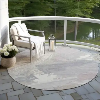 8' Ivory And Gray Round Abstract Washable Indoor Outdoor Area Rug