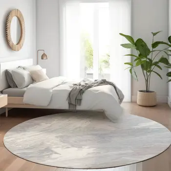 8' Ivory And Gray Round Abstract Washable Indoor Outdoor Area Rug