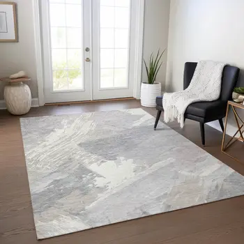 10' X 14' Ivory And Gray Abstract Washable Indoor Outdoor Area Rug