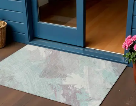 3' X 5' Blue Teal Blue And Gray Abstract Washable Indoor Outdoor Area Rug
