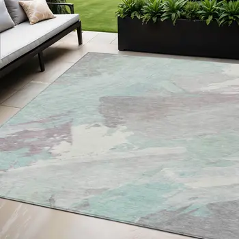 5' X 8' Blue Teal Blue And Gray Abstract Washable Indoor Outdoor Area Rug
