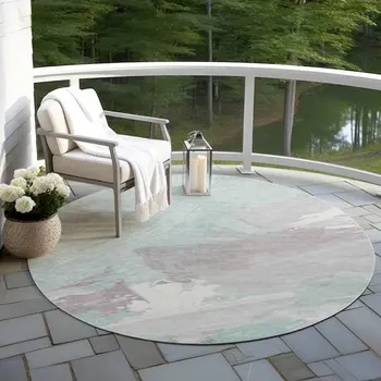 8' Blue Teal Blue And Gray Round Abstract Washable Indoor Outdoor Area Rug