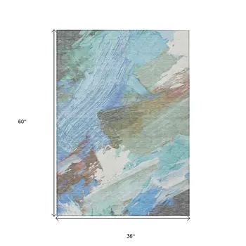 3' X 5' Sky Blue And Teal Blue Abstract Washable Indoor Outdoor Area Rug