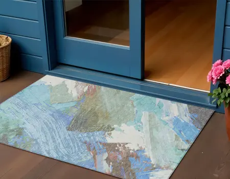 3' X 5' Sky Blue And Teal Blue Abstract Washable Indoor Outdoor Area Rug