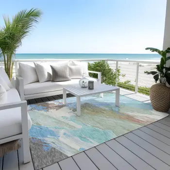 3' X 5' Sky Blue And Teal Blue Abstract Washable Indoor Outdoor Area Rug