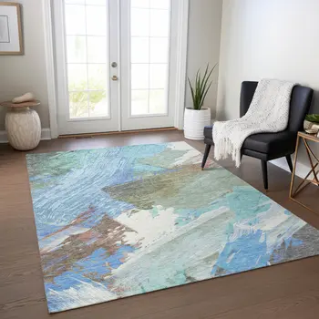 3' X 5' Sky Blue And Teal Blue Abstract Washable Indoor Outdoor Area Rug