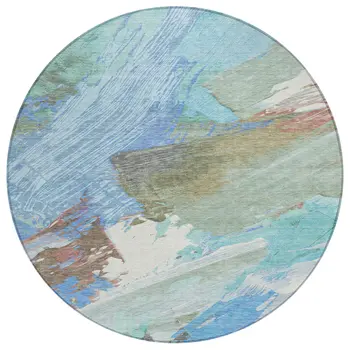 8' Sky Blue And Teal Blue Round Abstract Washable Indoor Outdoor Area Rug