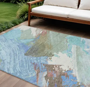 10' X 14' Sky Blue And Teal Blue Abstract Washable Indoor Outdoor Area Rug