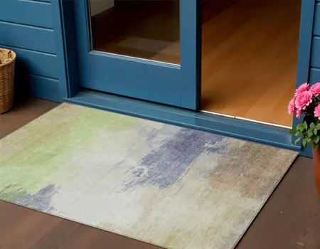 3' X 5' Artichoke Green And Taupe Abstract Washable Indoor Outdoor Area Rug