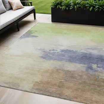 5' X 8' Artichoke Green And Taupe Abstract Washable Indoor Outdoor Area Rug
