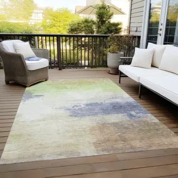5' X 8' Artichoke Green And Taupe Abstract Washable Indoor Outdoor Area Rug