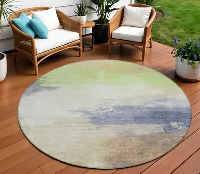 8' Artichoke Green And Taupe Round Abstract Washable Indoor Outdoor Area Rug