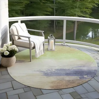 8' Artichoke Green And Taupe Round Abstract Washable Indoor Outdoor Area Rug