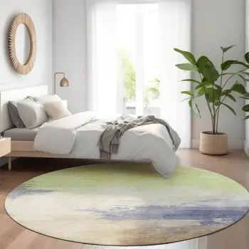 8' Artichoke Green And Taupe Round Abstract Washable Indoor Outdoor Area Rug