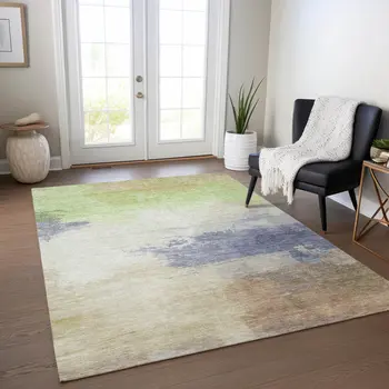 10' X 14' Artichoke Green And Taupe Abstract Washable Indoor Outdoor Area Rug