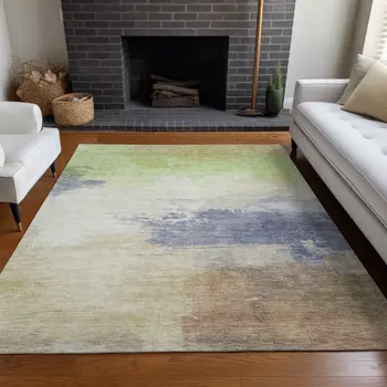 10' X 14' Artichoke Green And Taupe Abstract Washable Indoor Outdoor Area Rug