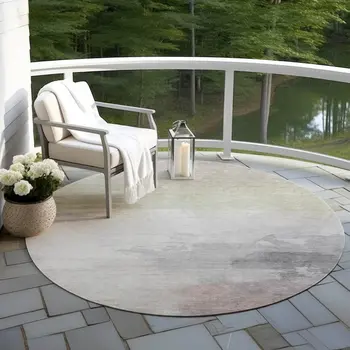 8' Beige And Taupe Round Abstract Washable Indoor Outdoor Area Rug