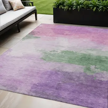 5' X 8' Lilac Lavender And Green Abstract Washable Indoor Outdoor Area Rug