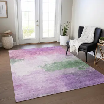 5' X 8' Lilac Lavender And Green Abstract Washable Indoor Outdoor Area Rug