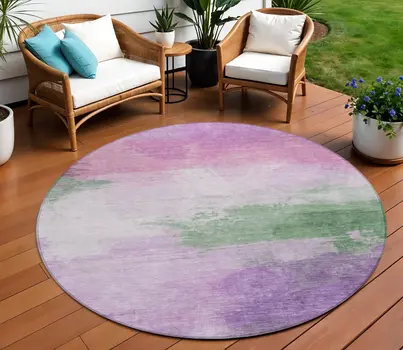 8' Lilac Lavender And Green Round Abstract Washable Indoor Outdoor Area Rug