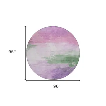 8' Lilac Lavender And Green Round Abstract Washable Indoor Outdoor Area Rug
