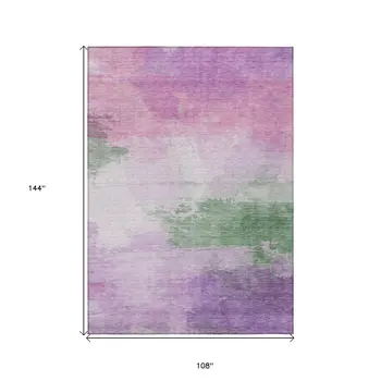 9' X 12' Lilac Lavender And Green Abstract Washable Indoor Outdoor Area Rug