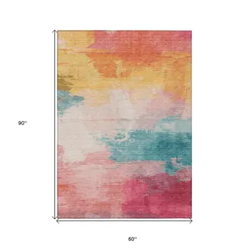 5' X 8' Pink Gold And Teal Blue Abstract Washable Indoor Outdoor Area Rug