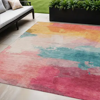 5' X 8' Pink Gold And Teal Blue Abstract Washable Indoor Outdoor Area Rug