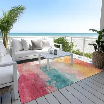 5' X 8' Pink Gold And Teal Blue Abstract Washable Indoor Outdoor Area Rug