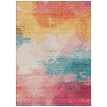 5' X 8' Pink Gold And Teal Blue Abstract Washable Indoor Outdoor Area Rug