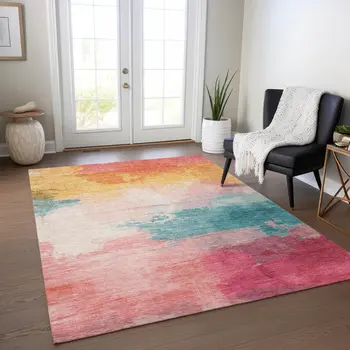 5' X 8' Pink Gold And Teal Blue Abstract Washable Indoor Outdoor Area Rug