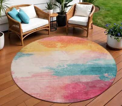 8' Pink Gold And Teal Blue Round Abstract Washable Indoor Outdoor Area Rug