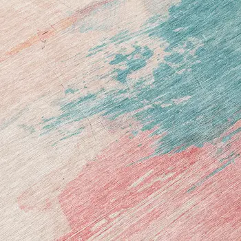8' Pink Gold And Teal Blue Round Abstract Washable Indoor Outdoor Area Rug