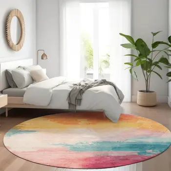 8' Pink Gold And Teal Blue Round Abstract Washable Indoor Outdoor Area Rug