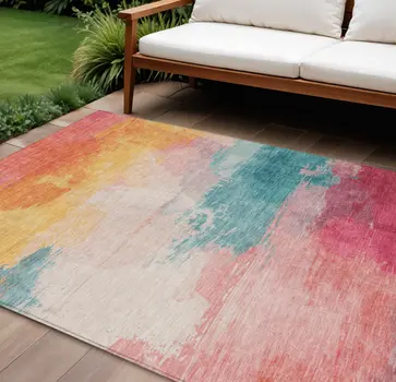 10' X 14' Pink Gold And Teal Blue Abstract Washable Indoor Outdoor Area Rug