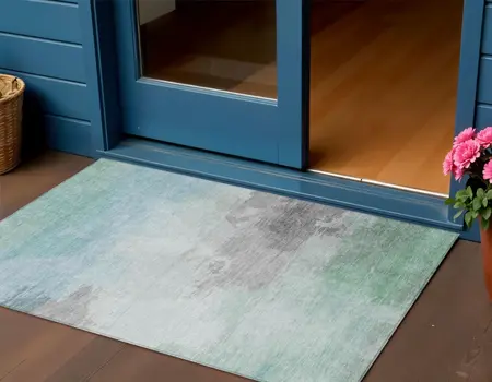 3' X 5' Blue And Mint Green Abstract Washable Indoor Outdoor Area Rug