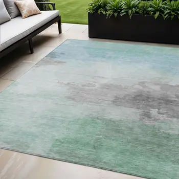 5' X 8' Blue And Mint Green Abstract Washable Indoor Outdoor Area Rug