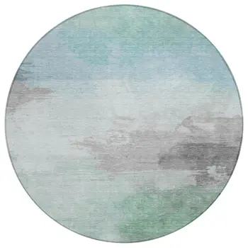 8' Blue And Mint Green Round Abstract Washable Indoor Outdoor Area Rug