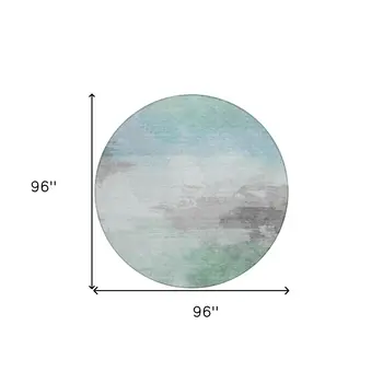 8' Blue And Mint Green Round Abstract Washable Indoor Outdoor Area Rug