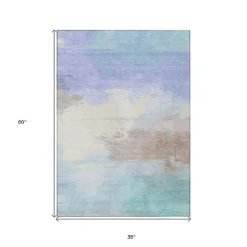 3' X 5' Sky Blue Lavender And Taupe Abstract Washable Indoor Outdoor Area Rug