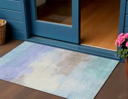 3' X 5' Sky Blue Lavender And Taupe Abstract Washable Indoor Outdoor Area Rug