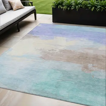 5' X 8' Sky Blue Lavender And Taupe Abstract Washable Indoor Outdoor Area Rug