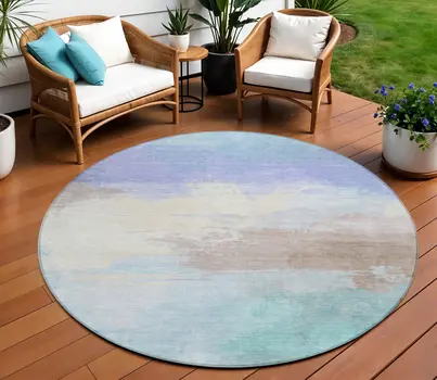 8' Sky Blue Lavender And Taupe Round Abstract Washable Indoor Outdoor Area Rug