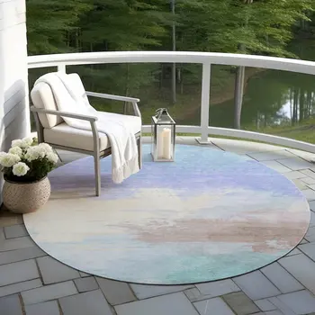 8' Sky Blue Lavender And Taupe Round Abstract Washable Indoor Outdoor Area Rug